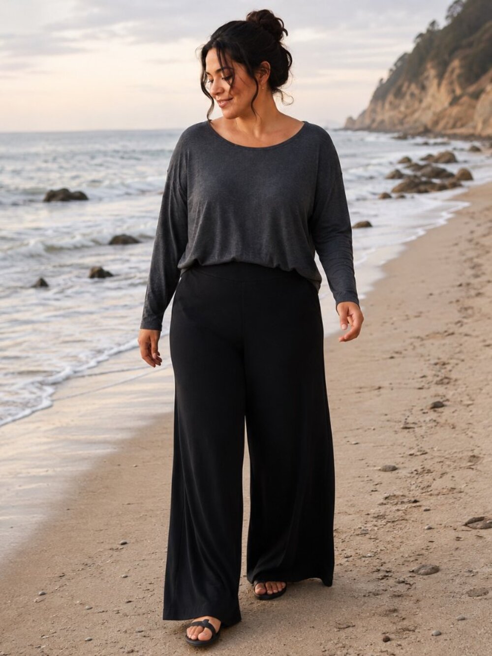 Eileen Fisher Black Wide Leg Pull-On Pants lagenlook flowy